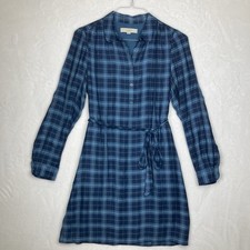 LOFT Dress Women’s Medium Blue Plaid Belted Button Up Shirt Dress Knee Length