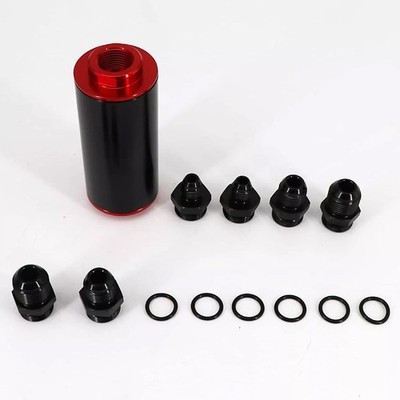 Black & Red Inline Fuel Filter High FLOW 100 Micron Cleanable SS AN6 AN8 AN10