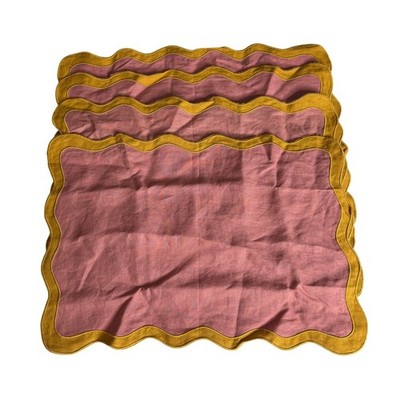 Bed Threads Pink Clay and Turmeric Scalloped Placemats Flax Linen Set of 4 NWOT