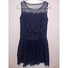 Akellylan Navy Blue Classy Modest Sheer neckline Crochet Lace Party Midi Dress S
