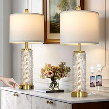 28" Gold Glass Table Lamps Set of 2, Gold Modern Bedside Lamp with Night Ligh...
