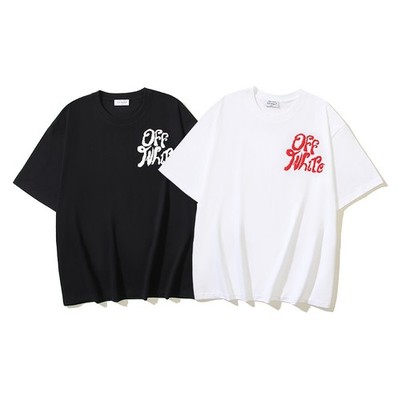 Off Arrow White Fuzzy Flocked Logo Tee Crew Neck Short Sleeve Cotton T-Shirt