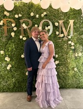 Lavender Layered Ruffle Bow Long V-Neck Cape Sleeve A-Line Gown Prom Dress