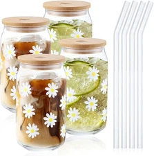 Gerrii 4 Pcs Tumbler Glass Cups with Bamboo Lids and clear, white, yellow 