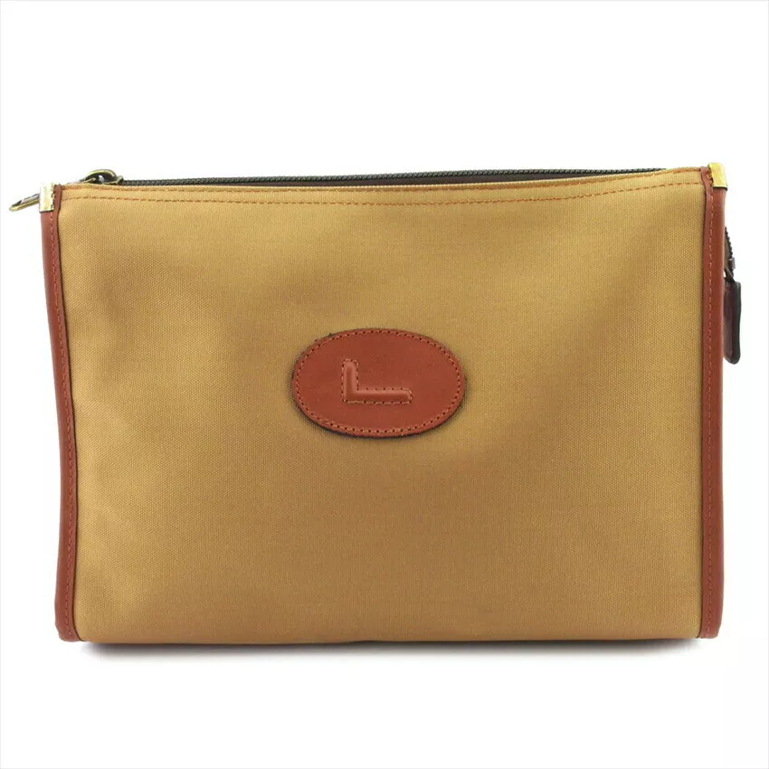 Lancel Clutch Bag L Mark Beige Canvas x Leather Authentic USED D2518