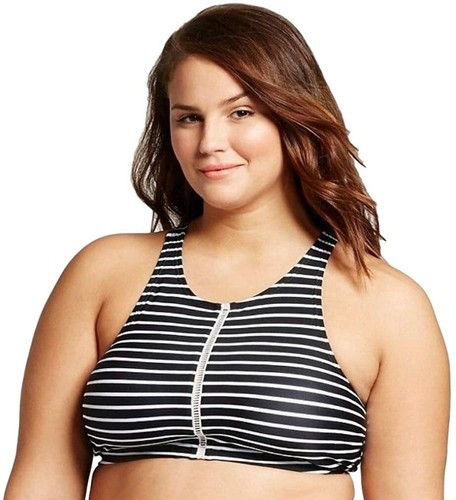 Xhilaration 24W High Neck Bikini Swim Top Black White Mesh Stripe Lined New - Picture 1 of 6