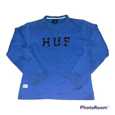 HUF Worldwide Logo Script Blue Pullover Crewneck Street Wear Sweatshirt Mens L