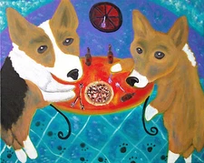 PEMBROKE WELSH CORGI Having Pizza and Beer Dog Vintage Art Print 8 x 10 Signed