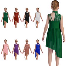 Kids Girls Dress Competition Dancewear Figure Ice Skating Leotard Irregular Hem