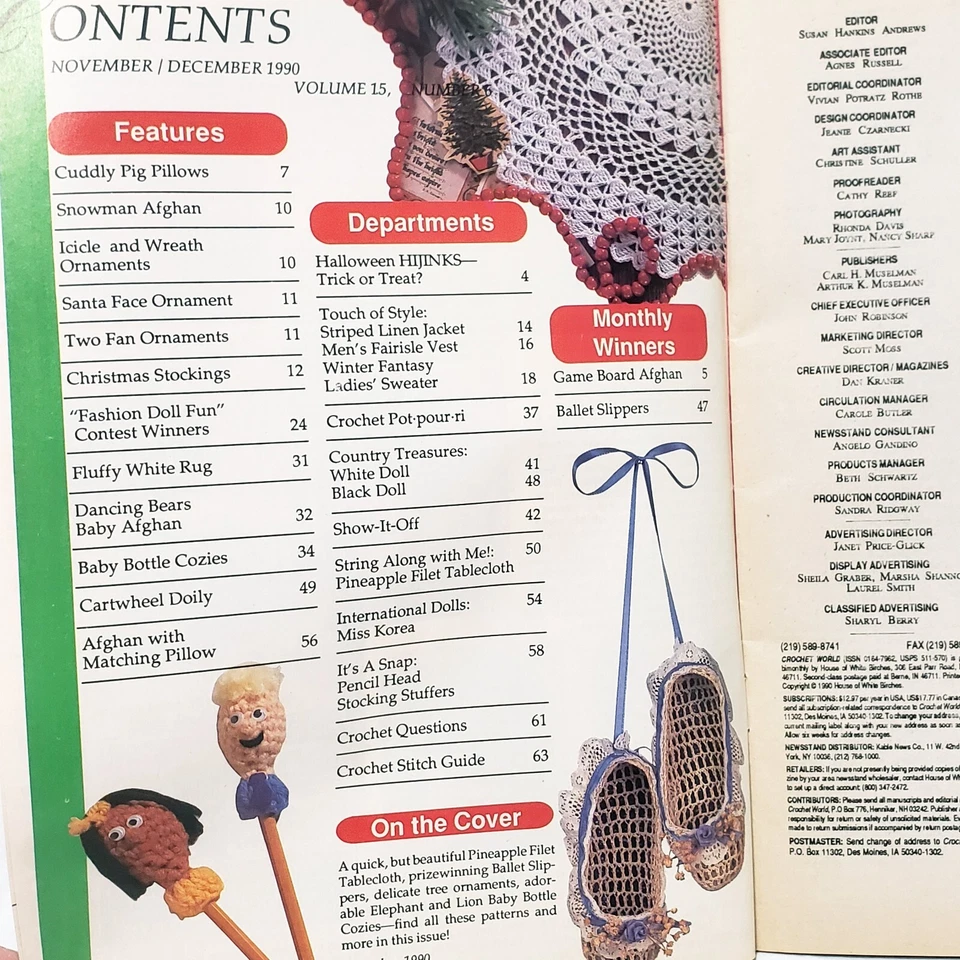 Crochet World Magazine Dec 1990 Pineapple Tablecloth Pencil Heads Ornament Baby - Image 3 of 4