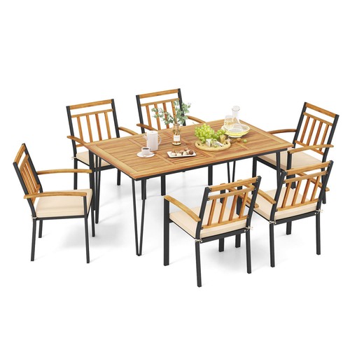 7 PCS Patio Dining Set w/Acacia Wood Dining Table Rattan Armchairs Soft Cushions