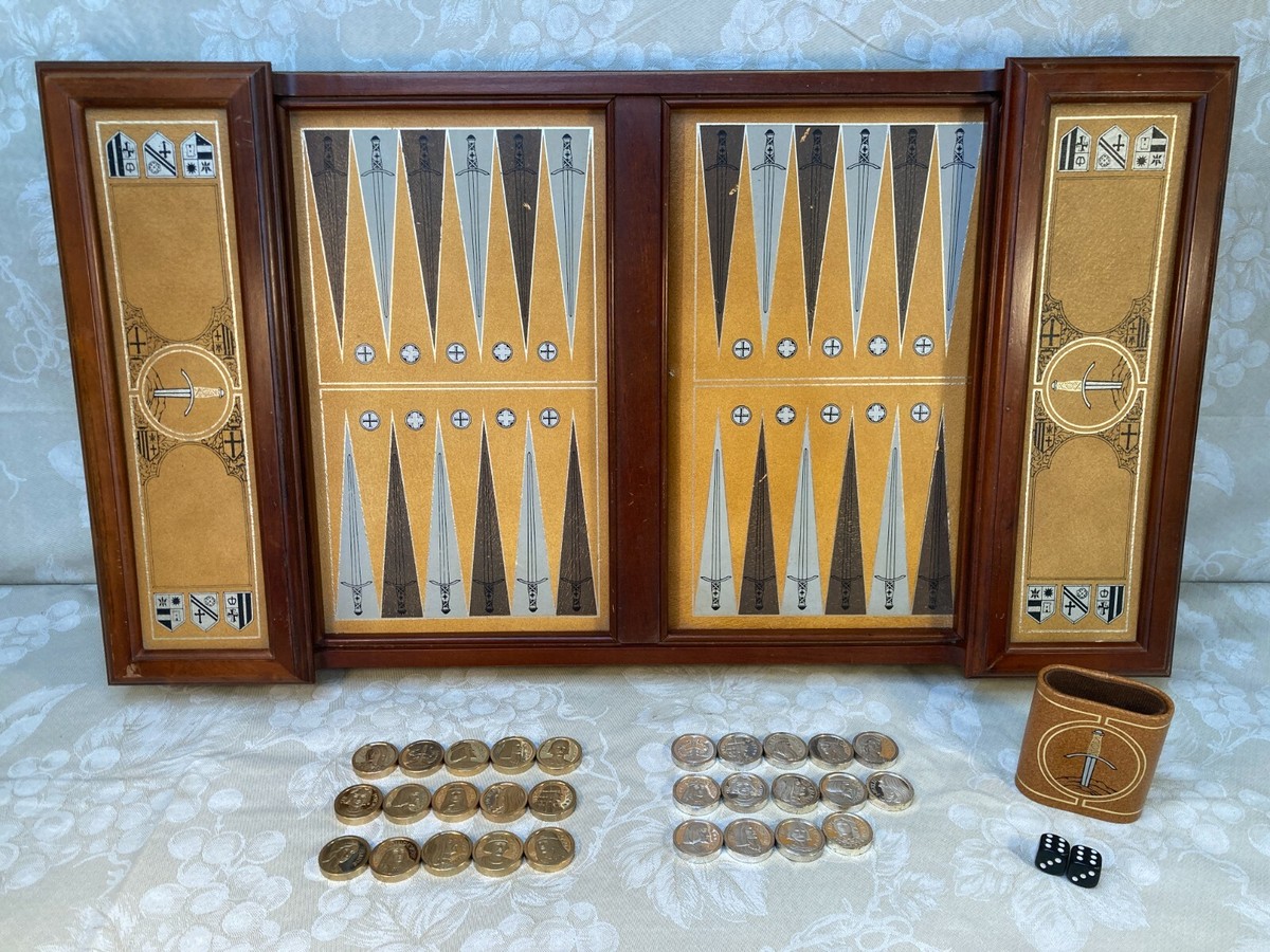 Vtg Franklin Mint Excalibur Backgammon Set w/ Metal Embossed Game
