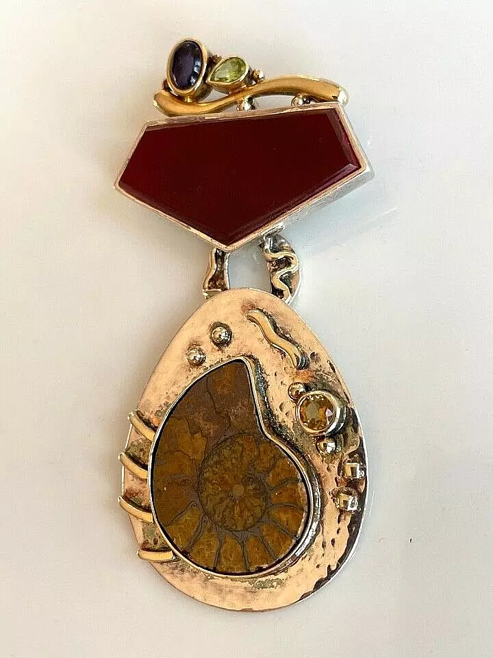 LARGE BOMA 925 STERLING SILVER TRILOBITE MULTI GEMSTONES BROOCH