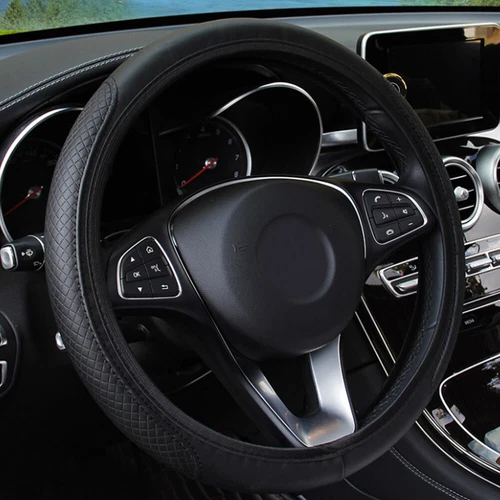 Car Leather Steering Wheel Cover Good Grip Car Accessories For 15"/37-38CM Black - Bild 1 von 9