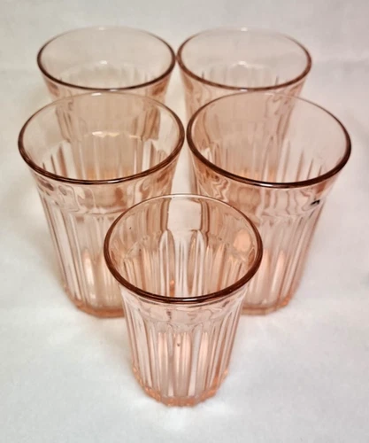 Set of 5 Hocking Glass Pink Fortune Flat Tumblers, 4x9oz 1x5oz - Depression