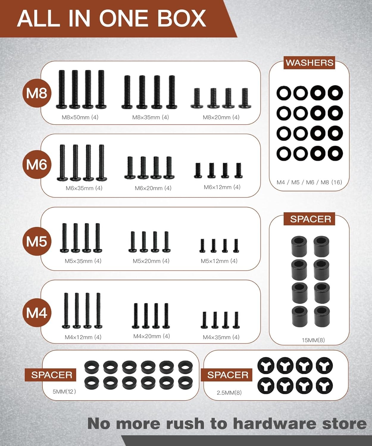 92PCS Universal TV Mounting Hardware Screw Kit Set-M4 M5 M6 M8 Screws 80", Black