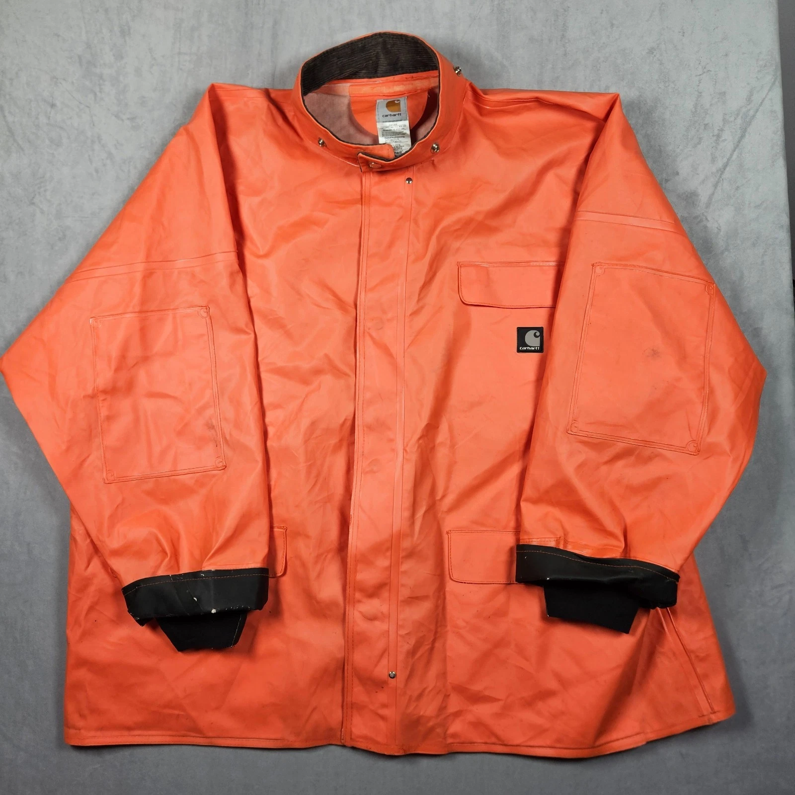 Carhartt Jacket Mens 2XL Orange PVC Rain Coat Fisherman Waterproof Workwear