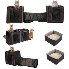 Expandable Cat Carrier with 2 Litter Box for 2 Cats, 32x17x12in Double Cat Ca...