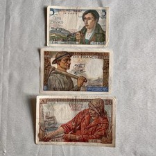 1940s Vintage French Franc Banknotes Set - 5, 10, 20 Francs WWII Era