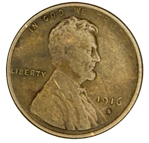 1916 S Lincoln Cent Good - Very Good  (G-VG) Circulated Condition Copper Penny