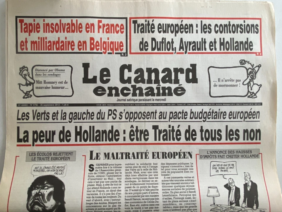 CANARD ENCHAINE 26 SPT 2012 - LA PEUR DE HOLLANDE ETRE TRAITE DE TOUS LES NON - Photo 1/1