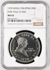 PHILIPPINES 1970 NICKEL PISO POPE PAUL VI VISIT COMMEMORATIVE NGC MS 63