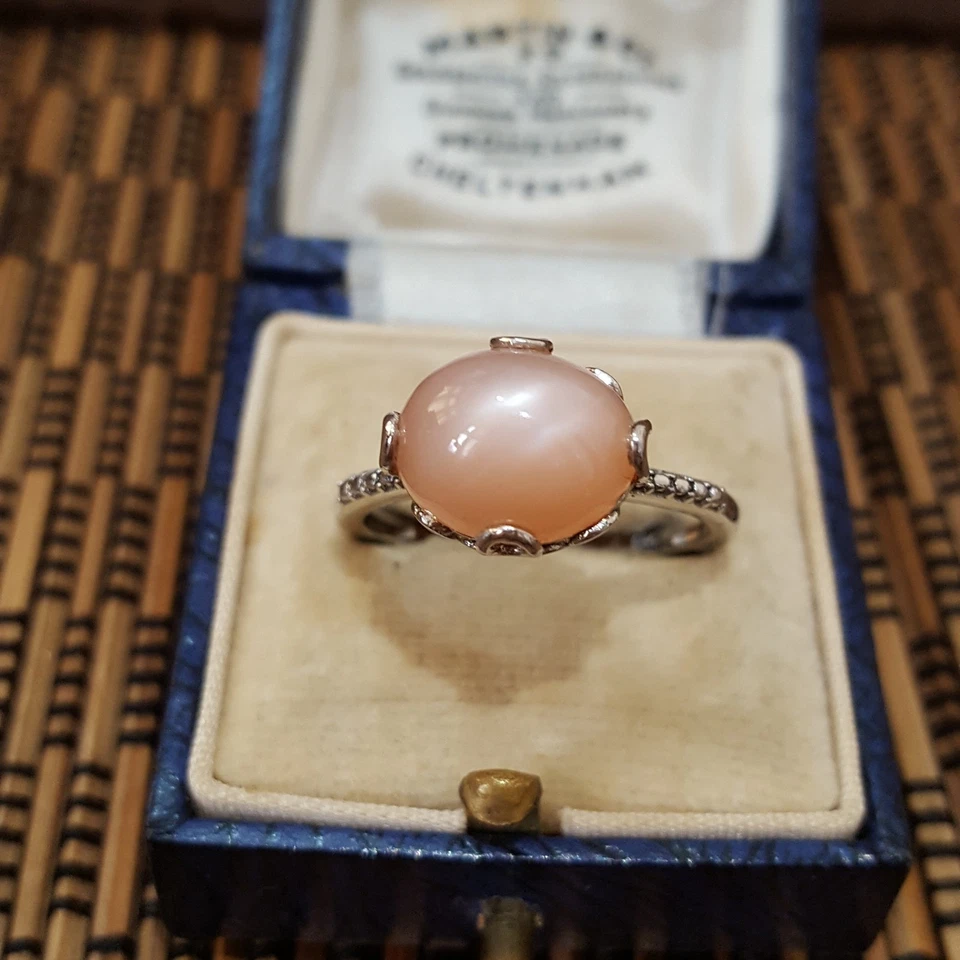 Anillo de Plata de Ley 925, Anillo Solitario Piedra Lunar Melocotón Genuino, Talla Q EE. UU. 8 Foto 4 de 4