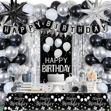 Black and Silver Birthday Decorations for Men Women, Happy Birthday Decorations