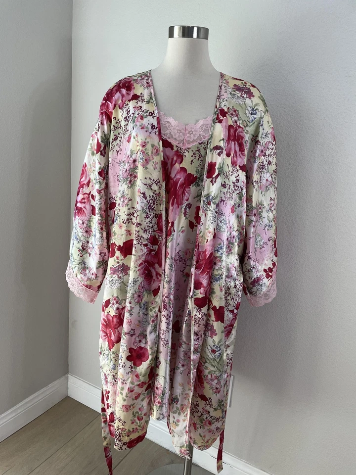 Conjunto de bata Gilligan O'Malley para mujer XXXL rosa floral satinado encaje ribete salón Foto 2 de 4