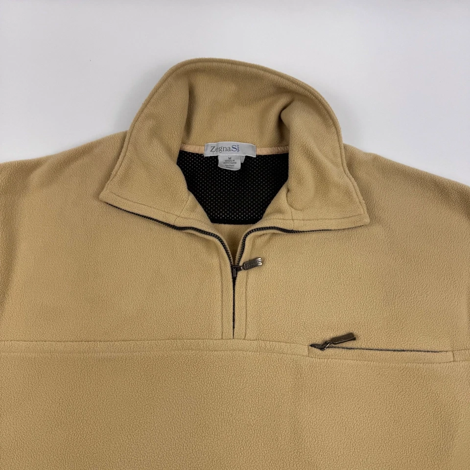 Zegna Sport Mens Size M Beige Fleece Lightweight 1/4 Zip Pocket Pullover - Image 2 of 4