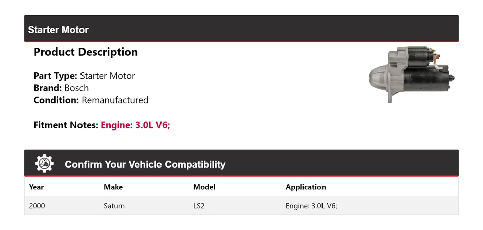 For 2000 Saturn LS2 3.0L V6 Bosch Starter (Remanufactured) - Image 2 of 4