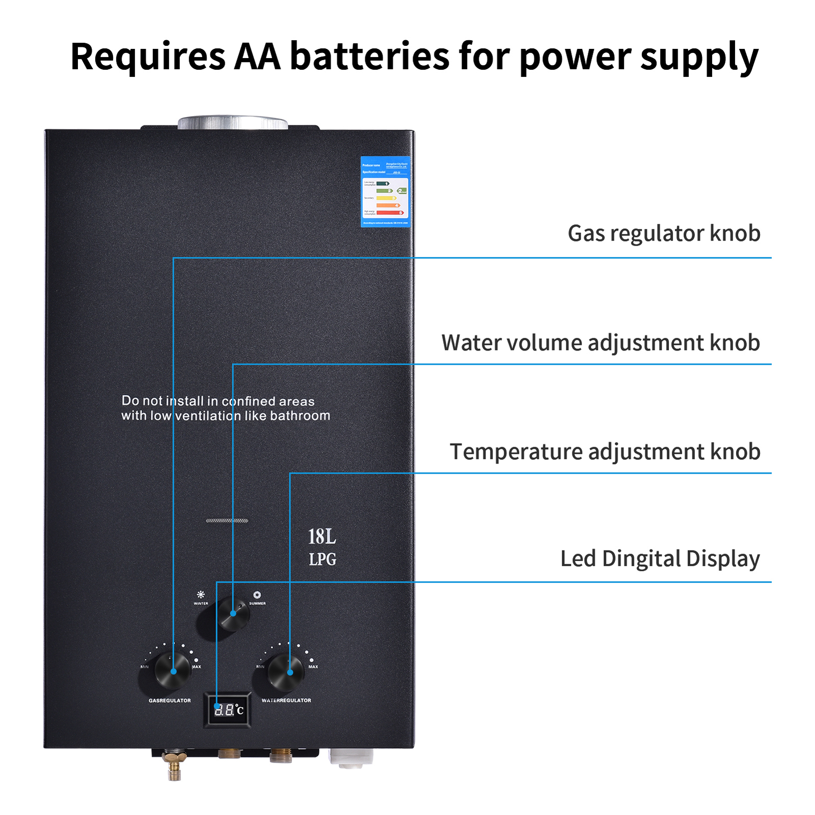 18L 5GPM Tankless LPG Liquid Propane Gas Hot Water Heater OnDemand