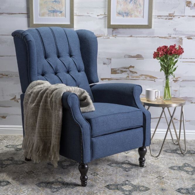 Dark Blue Tufted Fabric Wingback Recliner Club Chair Living Room