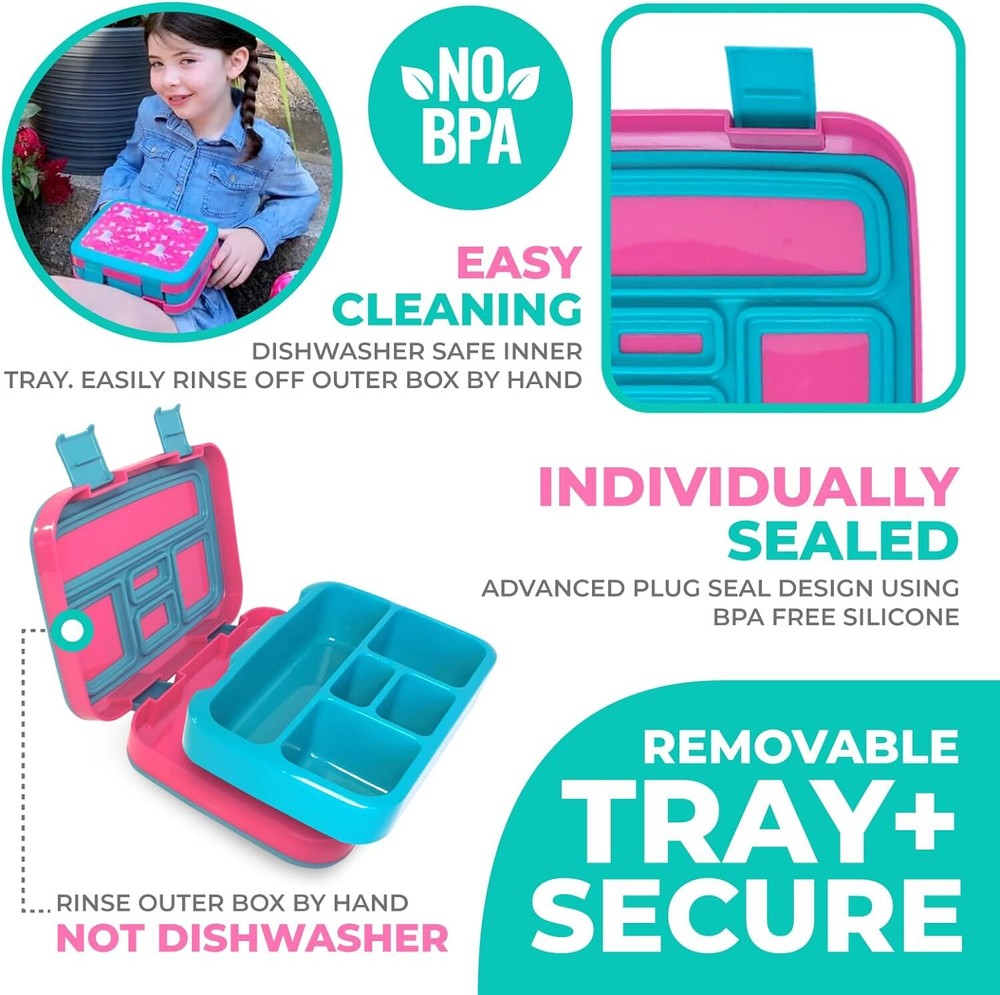 KINSHO Bento Box Pink & Teal Unicorn 5-Portion Sections Removable Tray • VGUC‼