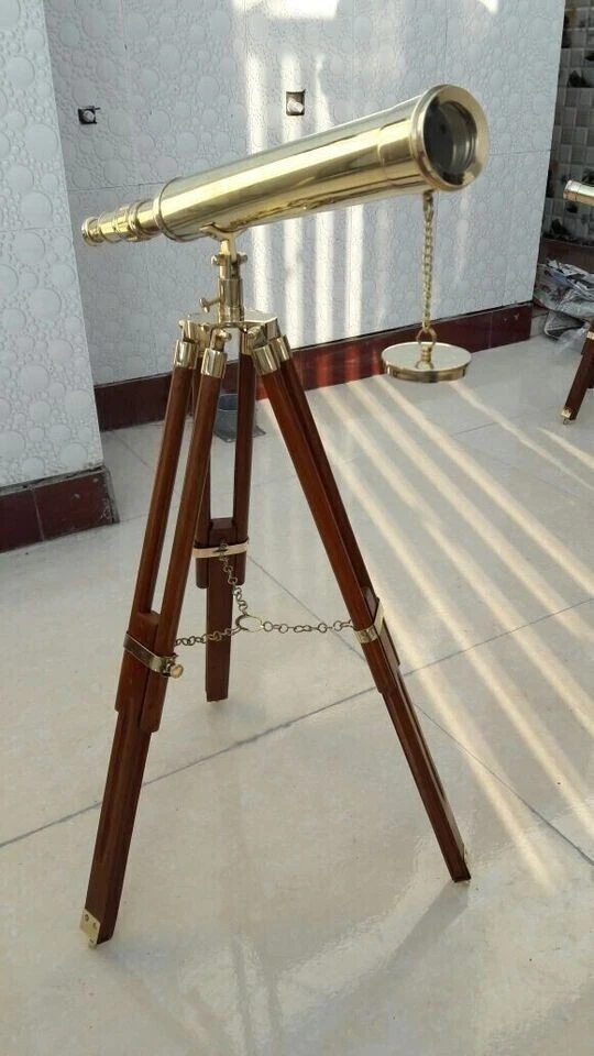 18" Collectible Telescope Brass With Nautical Tripod Wood Stand Stand - Image 2 of 4