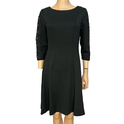 petite ponte knit dress Talbots Ponte Knit Party Dress 6 Petite A Line Crochet Lace Boat Neck Black