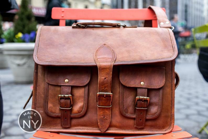 Handamde Genuine Brown Leather Vintage Retro Mens Laptop Computer Messenger Bag
