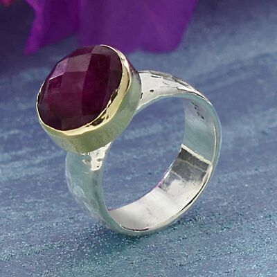 Solitär Ring zweifarbig 9 Karat Gelbgold Sterlingsilber 5,2 kt Rubin Edelstein Größe