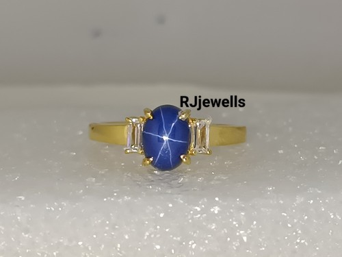 Anello oro giallo 14 kt stella blu zaffiro coltivato in laboratorio 6 raggi stella blu gemma anello - Foto 10 di 10