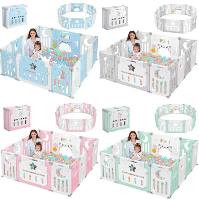 14 Panels Foldable Baby Playpen Safety Kids Indoor Baby Fence W/ Activity Board