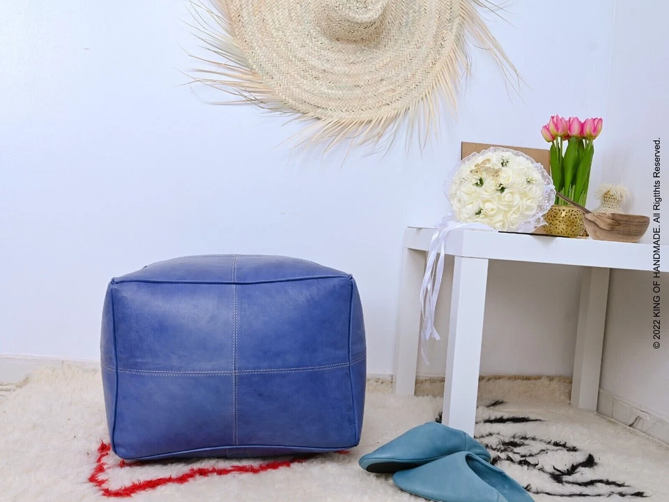 Moroccan Handmade Genuine Leather Unstuffed  Pouf Ottoman Footstool Pouffe Blue - Image 3 of 4