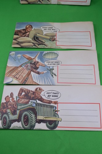 12 Vintage WWII Blank Cartoon Envelopes,Army Jeep,Parachute,Gunner,1942,3 Design