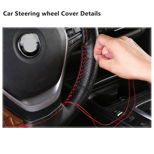 Black 15" 38cm Genuine Leather Auto Car Steering Wheel Cover Neddle&Thread DIY - Bild 5 von 7