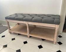 Rustic Storage Bench Padded Seat Tufted Linen Ottoman Window Hallway Shelf Unit