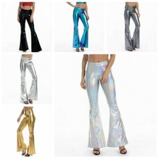 Damen Glocke Unten Hose Laser Glänzend Schlaghose Hohe Taille Party Club