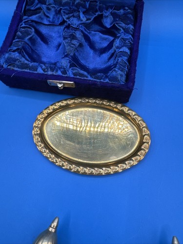Solid Brass Salt And Pepper With Round Plate In Nice Purple Velvet Box - Picture 11 of 20