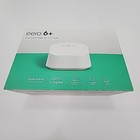 Eero 6+Plus Dual Band Mesh WiFi Router box with green top, product image, and feature list on white label.