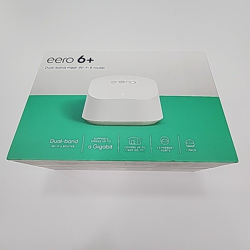 Eero 6+Plus Dual Band Mesh WiFi Router box with green top, product image, and feature list on white label.