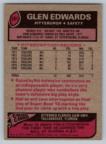 1977 Topps #381 Glen Edwards Pittsburgh Steelers - Picture 2 of 2
