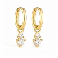 S925 Sterling Silver Round Stone Double Drop Huggie Earrings Women Jewelry Gift